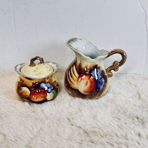 Vintage Enesco Porcelain‎ Mini Sugar Creamer Set Fruit Colorful Gold Accent